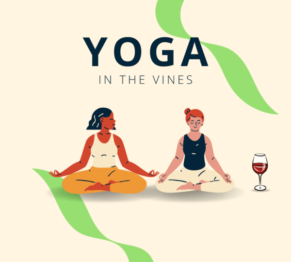 Cartoon image of two people doing yoga with wine glass.