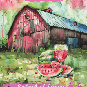 picture of barn with wine glass & watermelon slices