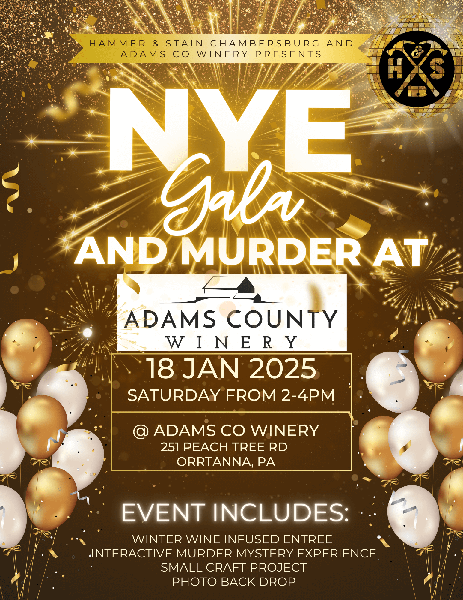 Gold New Year's Eve party photo with event details, time and date.