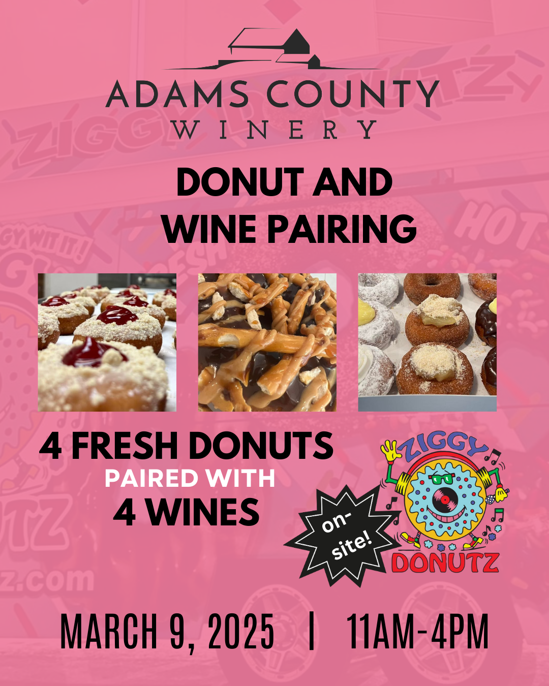 homemade donut pictures advertising fresh donuts paired with wine at the winery