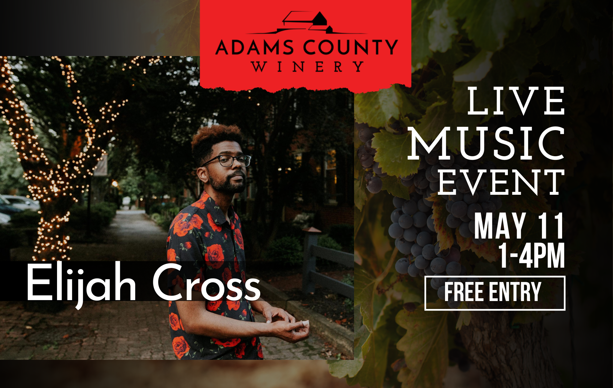 A photo of Elija Cross with live music event details.