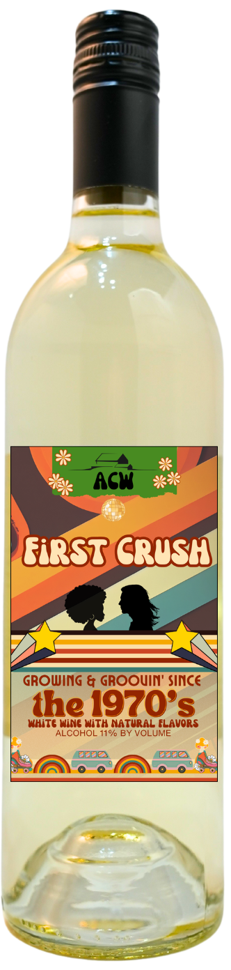Bottle of First Crush, a Valvin Muscat wine with orange peel and vanilla from Adams County Winery.