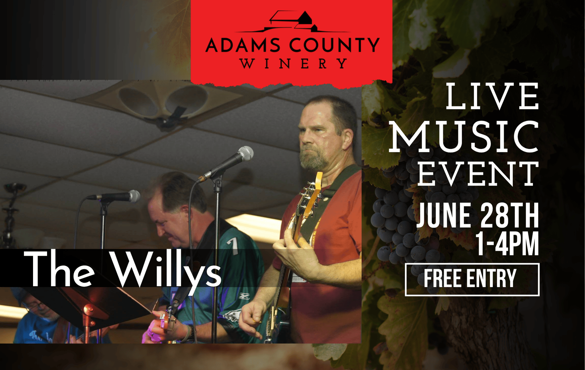 The Willys pictured over a vineyard photo with live music event details.