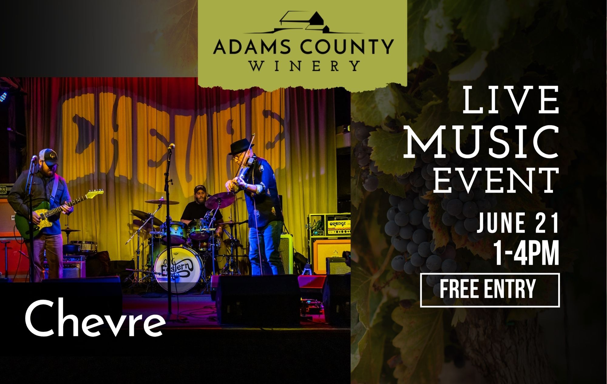 A photo of the band Chevre over a vineyard with live music event details.