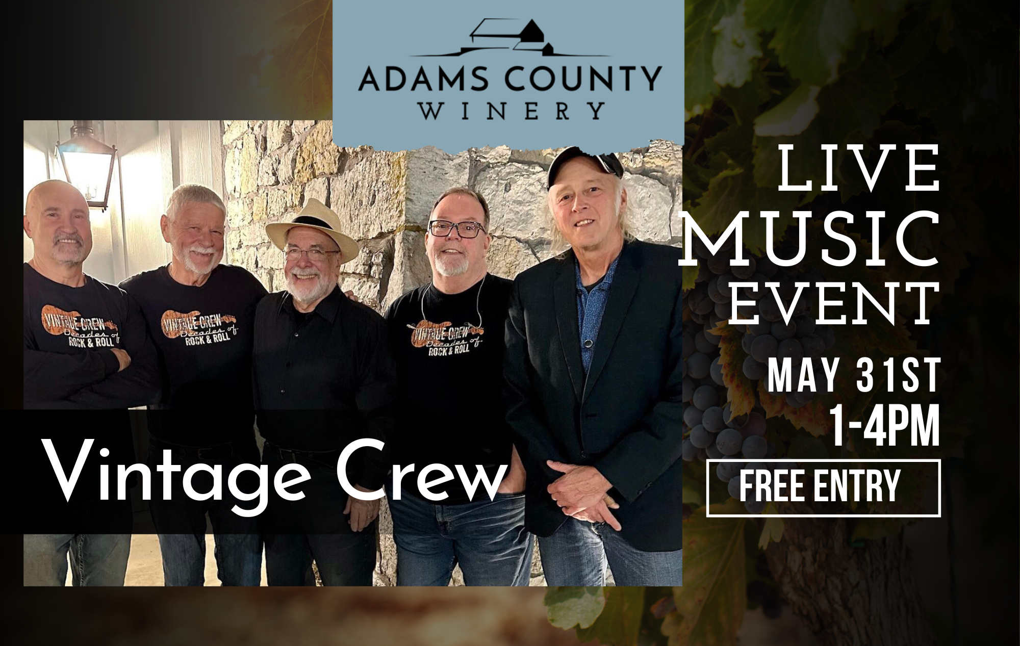 Photo of Vintage Crew members and details of live performance