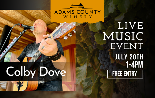 Colby Dove playing the guitar with the details of the event