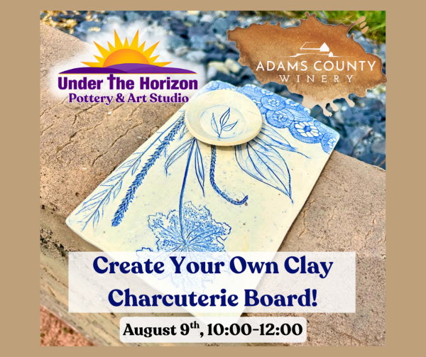 Clay charcuterie board pictured with workshop details