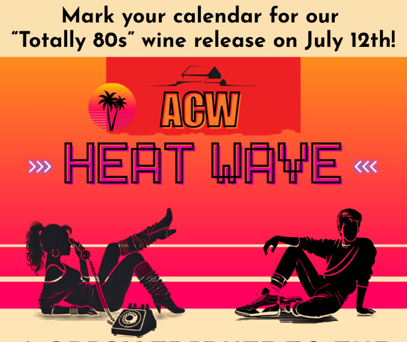 A girl on the phone and guy 80s style sitting with the Heat Wave wine label font.