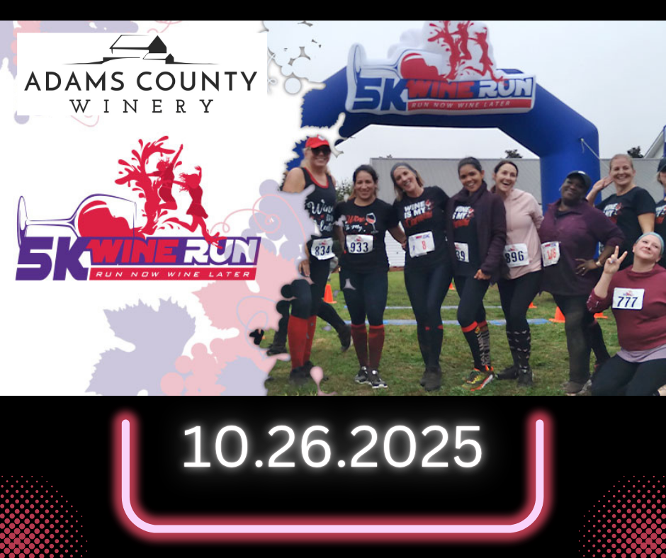 Photo of runners under the wine run Start/Finish blow up arch