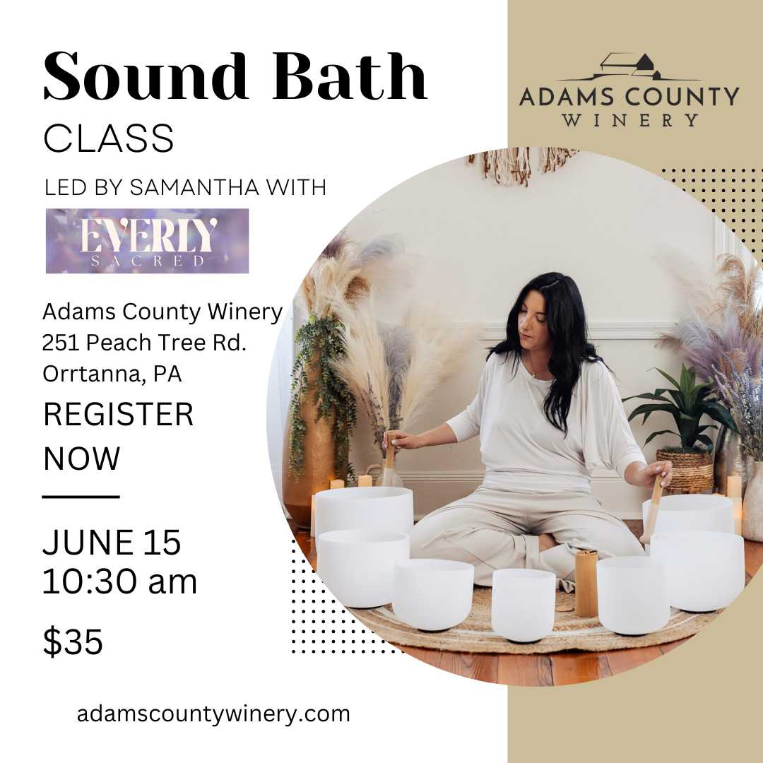 Sound Bath class details with a photo of sound bowls and class leader,