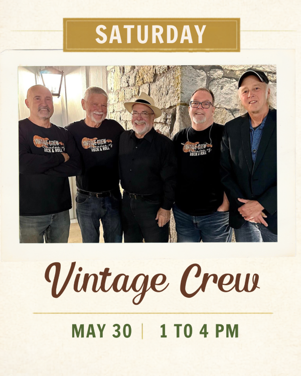 5 guys members of Vintage crew standing together for a group shot