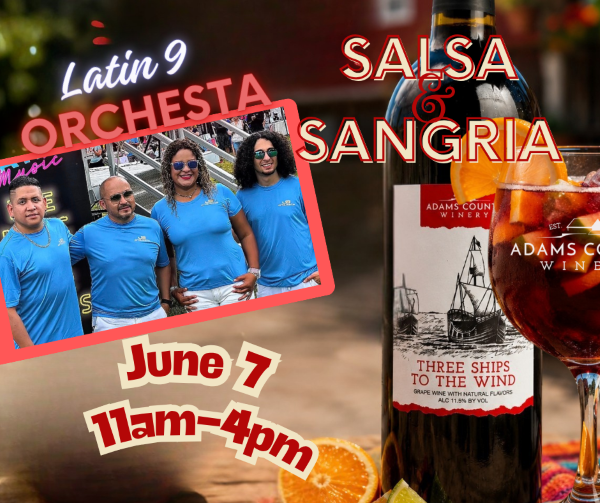4 people locking arms who are members of the band, framed beside a bottle of wine and a glass of sangria.