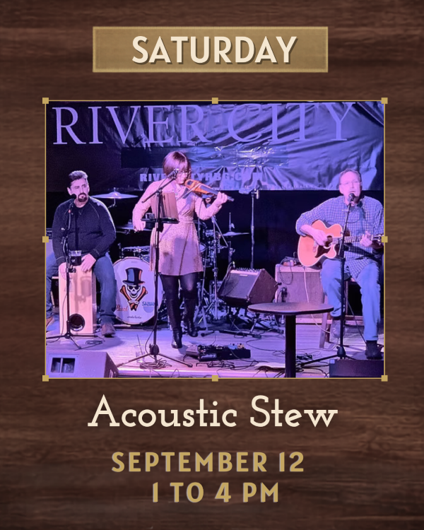 On a stage that says "River City" is a woman on violin and a man on drums and a man seated on guitar